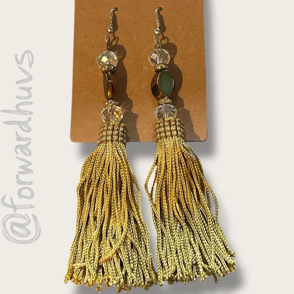 5” Tassel Dangle Earrings – Metallic Accents and Long Gold Fringe